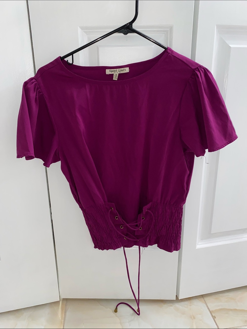 Sweet Lilac Lace-Up Waist Flutter Sleeve Blouse
